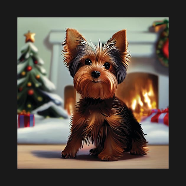 Cute Yorkshire Terrier Puppy by the Christmas Fireside by Geminiartstudio