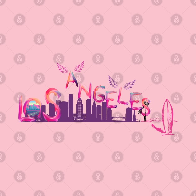 Zoolos LA Dreams: Pink and Purple Watercolor Letter Art with Iconic Landmarks – Exclusive Los Angeles Tee by zoolos