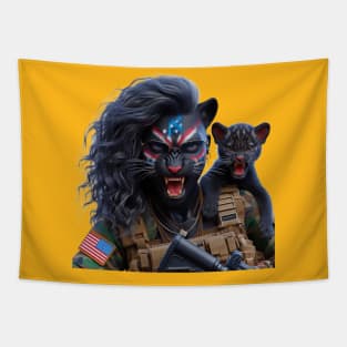 Woman Warrior Panther with Cub by focusln Tapestry