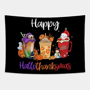 Happy Hallothanksmas Coffee Latte Halloween Thanksgiving T-Shirt Tapestry