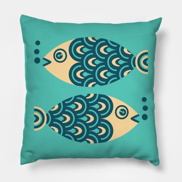 TWO FUN SWIMMING GEOMETRIC FISH Retro in Dark Blue, Turquoise and Cream - UnBlink Studio by Jackie Tahara Pillow by UnBlink Studio by Jackie Tahara