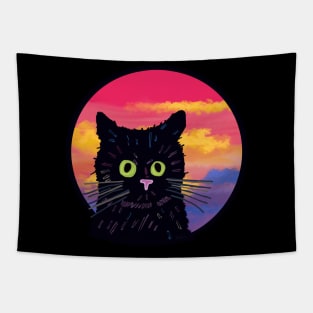 Upset Cat in front of Sunset Tapestry