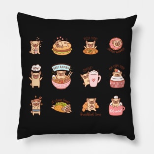 Cute dogs of Pug breed with different food Pillow