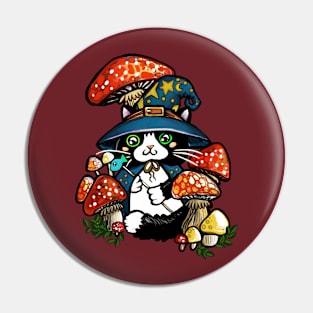 Adorable and Mystical Kitty Cat Wizard Sitting in some Mushrooms Pin
