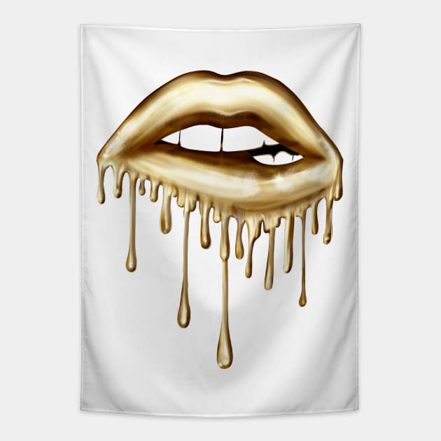 Metallic Dripping Gold Lips Tapestry by Chromatic Fusion Studio