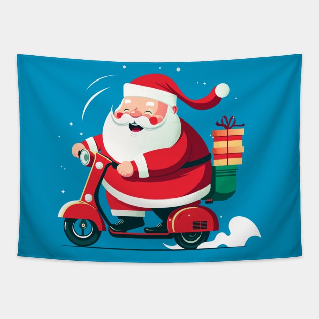 Happy Santa Claus delivery gifts with Motorcycle Tapestry by JORDYGRAPH