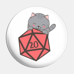 Cute Cat with Polyhedral D20 Dice Pin