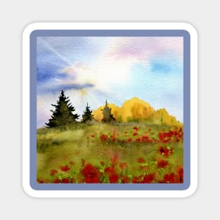 Watercolor Poppy Field Nature Landscape Magnet