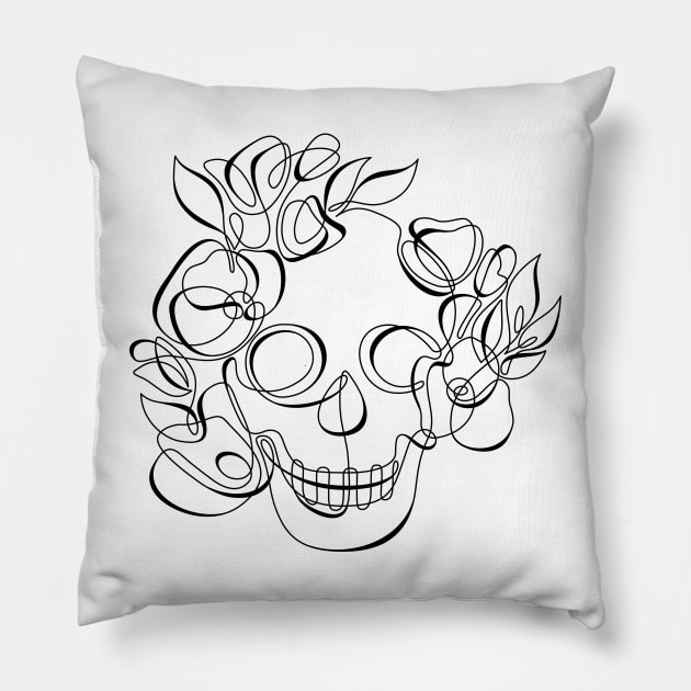 Minimalistic Continuous Line Skull with Poppies Pillow by lissantee