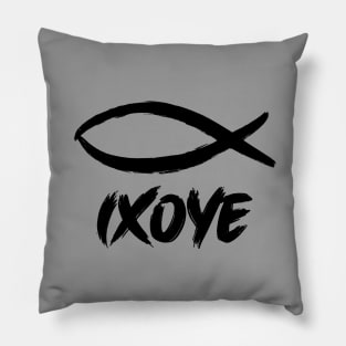 IXOYE (Christian Fish or Ichthys) is an acrostic for Iēsoûs Khrīstós Theoû Huiós Sōtêr which translates into "Jesus Christ, God's Son, Savior" black text Pillow