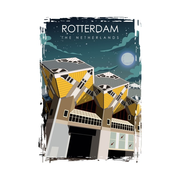 Rotterdam The Netherlands Vintage Minimal Retro Travel Poster at Night by jornvanhezik