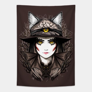 Witch Cat Halloween Creepy Cute Portrait Tapestry