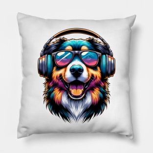 Mountain Cur as Smiling DJ with Headphones and Sunglasses Pillow