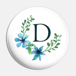 Floral Monogram D Pretty Blue Flowers Pin