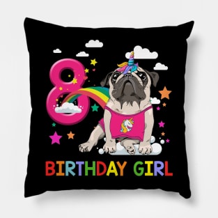 Pug Birthday - 8 Years Old Unicorn Pugicorn Party Pillow