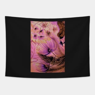 TROPICAL PINK FLORAL LARGE ABSTRACT FLOWERS FERNS PALM, Tapestry