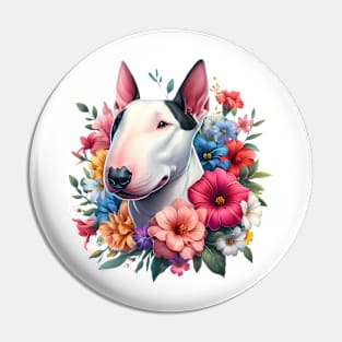 A bull terrier with beautiful colorful flowers Pin