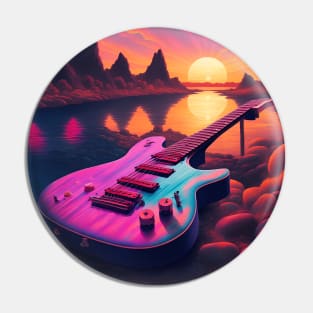 80s Style Beautiful Guitar in a Sunset Retro Vintage Travel Artwork Pin