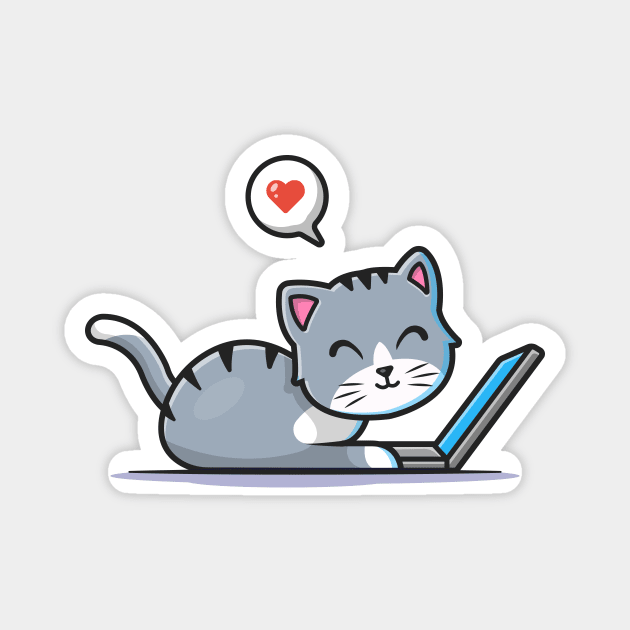 Cute Cat Working On Laptop With Coffee Cup Cartoon Vector Icon Illustration (3) Magnet by Catalyst Labs