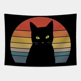 Halloween Black Cat with Vintage Sunset Tapestry