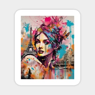 Lady in Paris, Graffiti art, splash art, street art, spray paint, colourful art Magnet