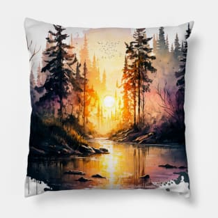 Sunset Scenery In Watercolor Pillow