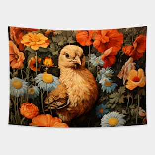 Retro Vintage Art Style Baby Chick in Field of Wild Flowers - Whimsical Farm Tapestry