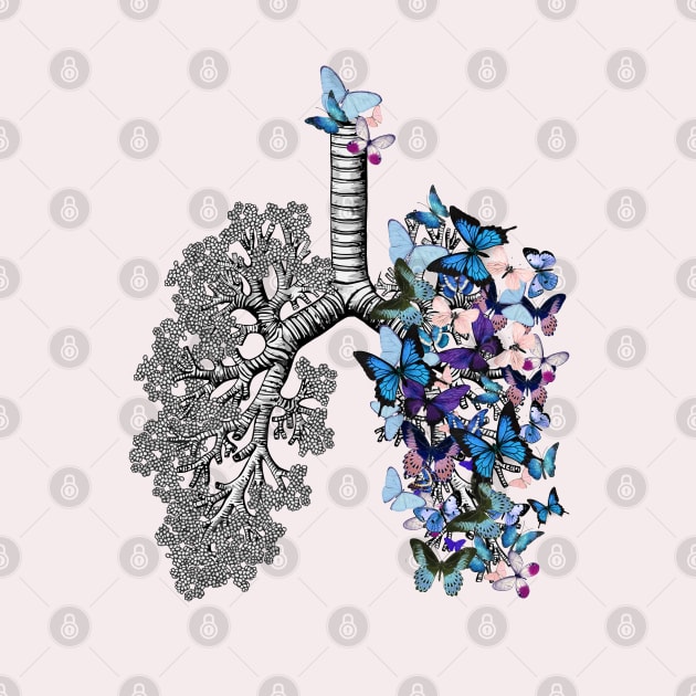 Lungs Anatomy, cancer Awareness, blue butterflies and lung anatomy by Collagedream