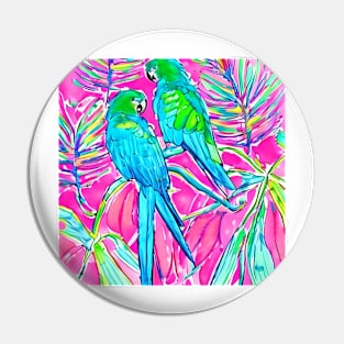 Pink and turquoise watercolor drawing of parrots Pin