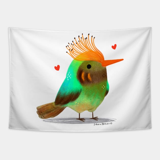 Rufous Crested Coquette bird with hearts Tapestry by julianamotzko