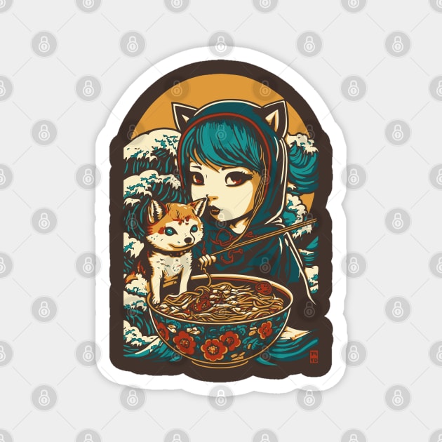 Girl with a Shiba Inu dog friend eats and loves ramen Magnet by tatadonets