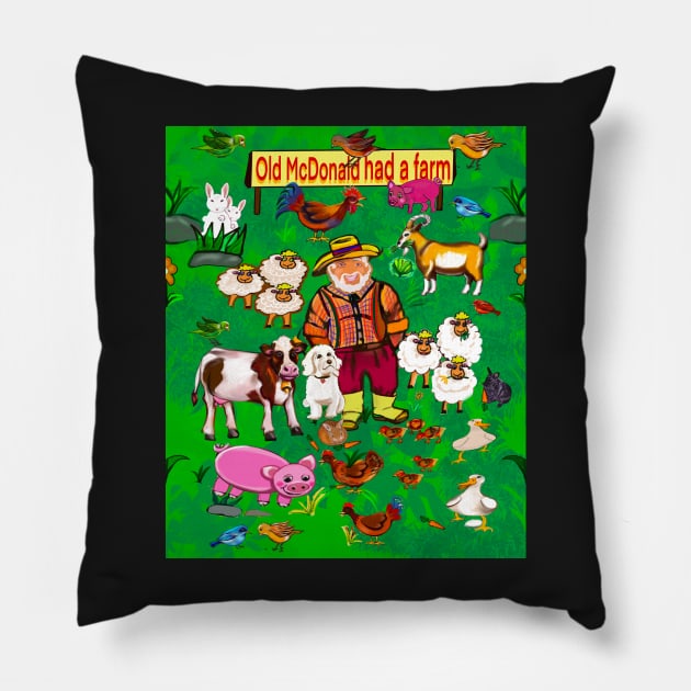 Old Macdonald had a farm and on that farm he had a goat,rooster, dog, cow, duck, sheep Pillow by Artonmytee