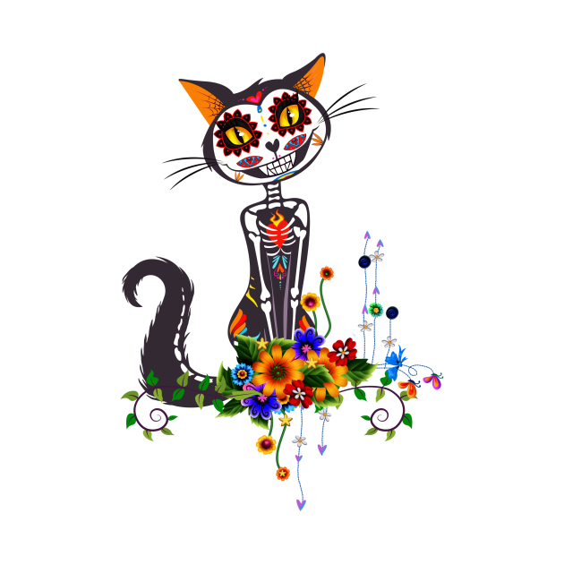 Funny cute sugar cat skeleton with flowers by Nicky2342