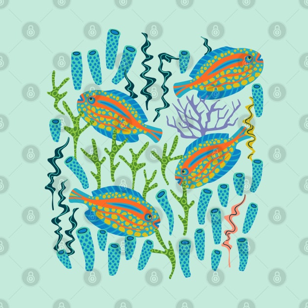 TROPICAL ZONE Coral Reef Fish Undersea Ocean Sea Creatures in Bright Colours on Light Aqua - UnBlink Studio by Jackie Tahara by UnBlink Studio by Jackie Tahara