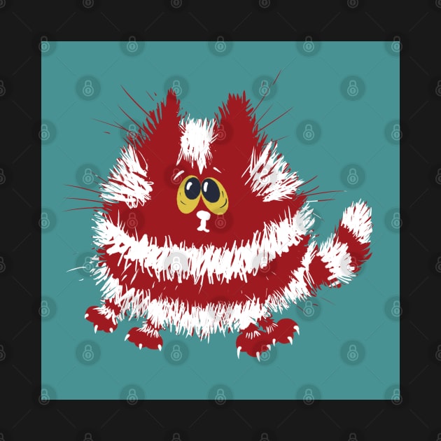 Funny Red and White Fluffy Cat on Turquoise Background by NattyDesigns