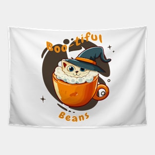 Boo-tiful Beans | Cat with Witch Hat in a Cup Tapestry