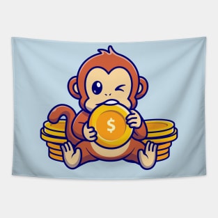 Cute Monkey Bite Gold Coin Cartoon Tapestry