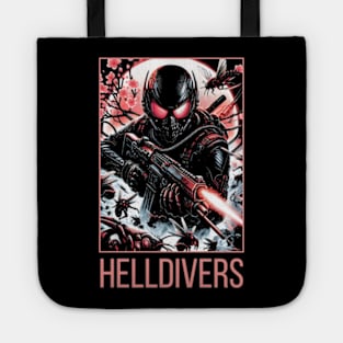 dynamic composition of Helldivers fighting against a swarm of insect-like aliens - fantasy Tote