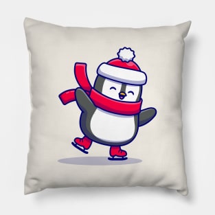 Cute Penguin Ice Skating Winter Pillow