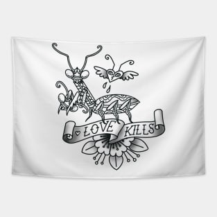 "LOVE KILLS" PRAYING MANTIS TATTOO STYLE - GREY Tapestry