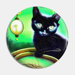 Black cat play with golden chain Pin