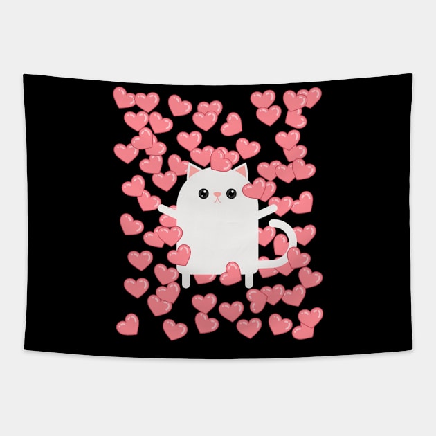 Cute Minimalist Cat Balloons Of Hearts Valentine's Day Tapestry by teeleoshirts