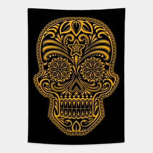 Intricate Yellow and Black Sugar Skull Tapestry