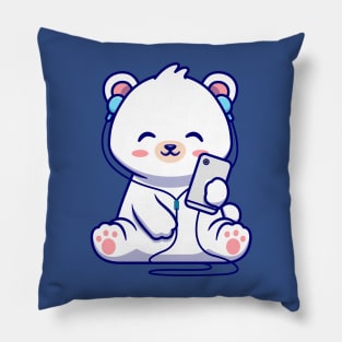 Cute Polar Bear Listening Music Cartoon Pillow