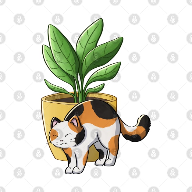 Calico Cat And Plant by Meowrye