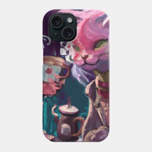 Blue Haired Girl and Fancy Cat Share Tea at a Cafe Phone Case