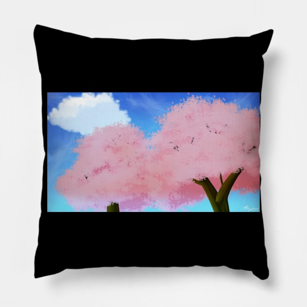 Pink Cherry Blossom Tree Scenery - Calm and Relaxing Anime Nature Painting Pillow by DotNeko