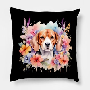 A beagle decorated with beautiful watercolor flowers Pillow