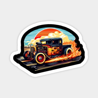 Retro Rat Rod Truck Sunset Flames Classic Hot Rod Pickup Magnet