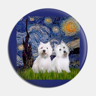 Starry Night Adapted to Include Two West Highland Terriers Pin